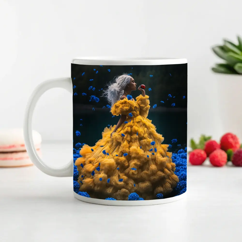 Woman Yellow Gown Blue Flowers Lake – Mugs