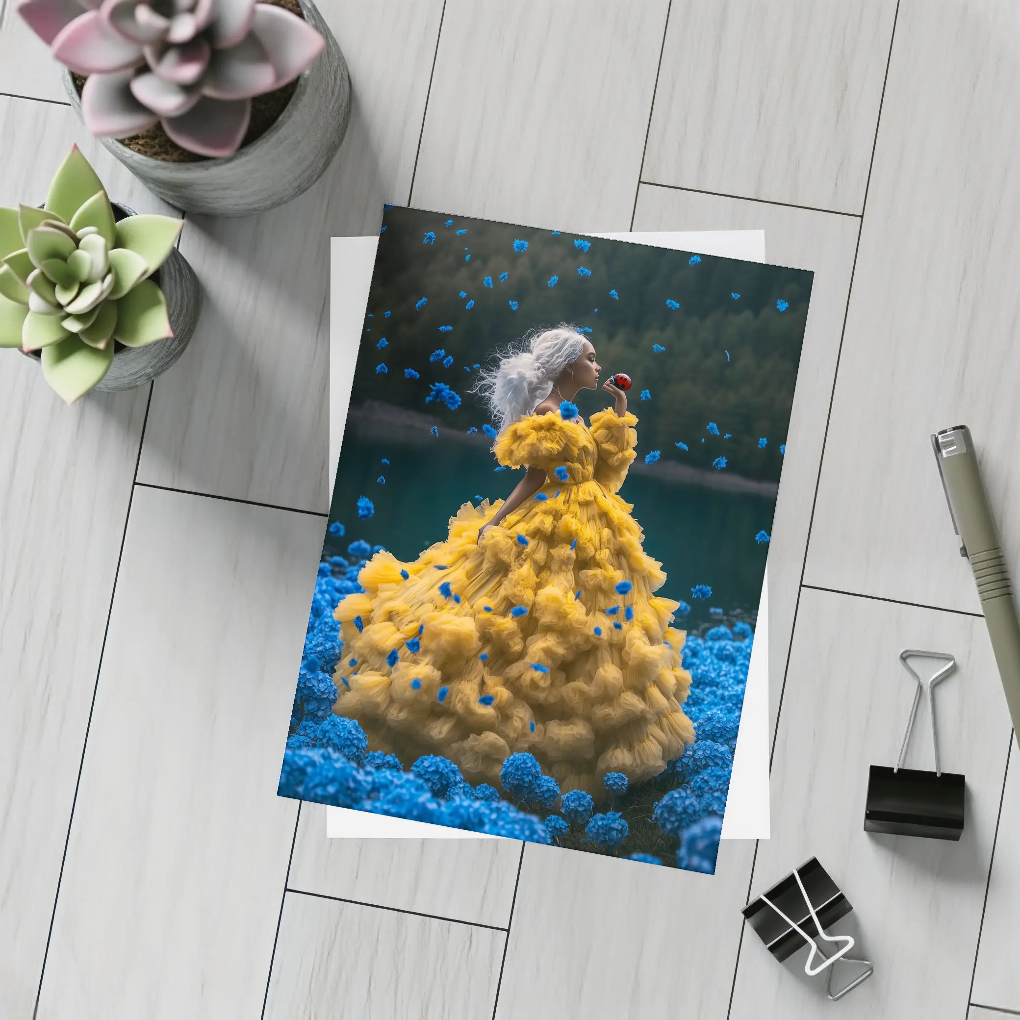 Woman Yellow Gown Blue Flowers Lake – Postcards