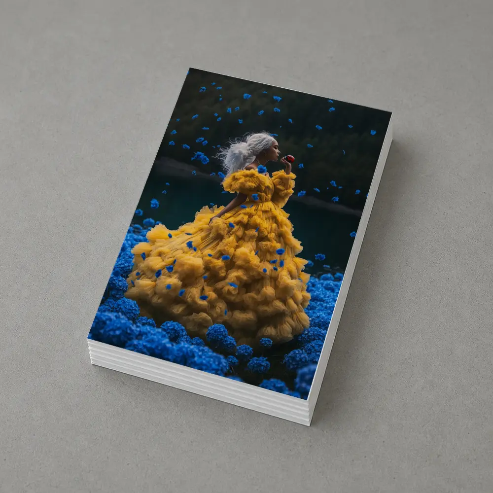 Woman Yellow Gown Blue Flowers Lake – Postcards