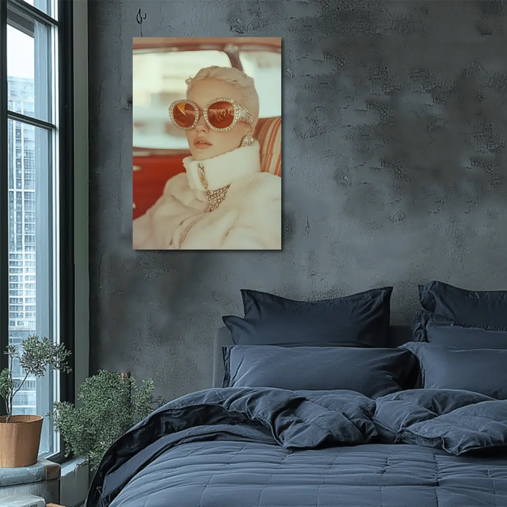 Glamorous Woman Oversized Jeweled Sunglasses Retro Car – Wall Art