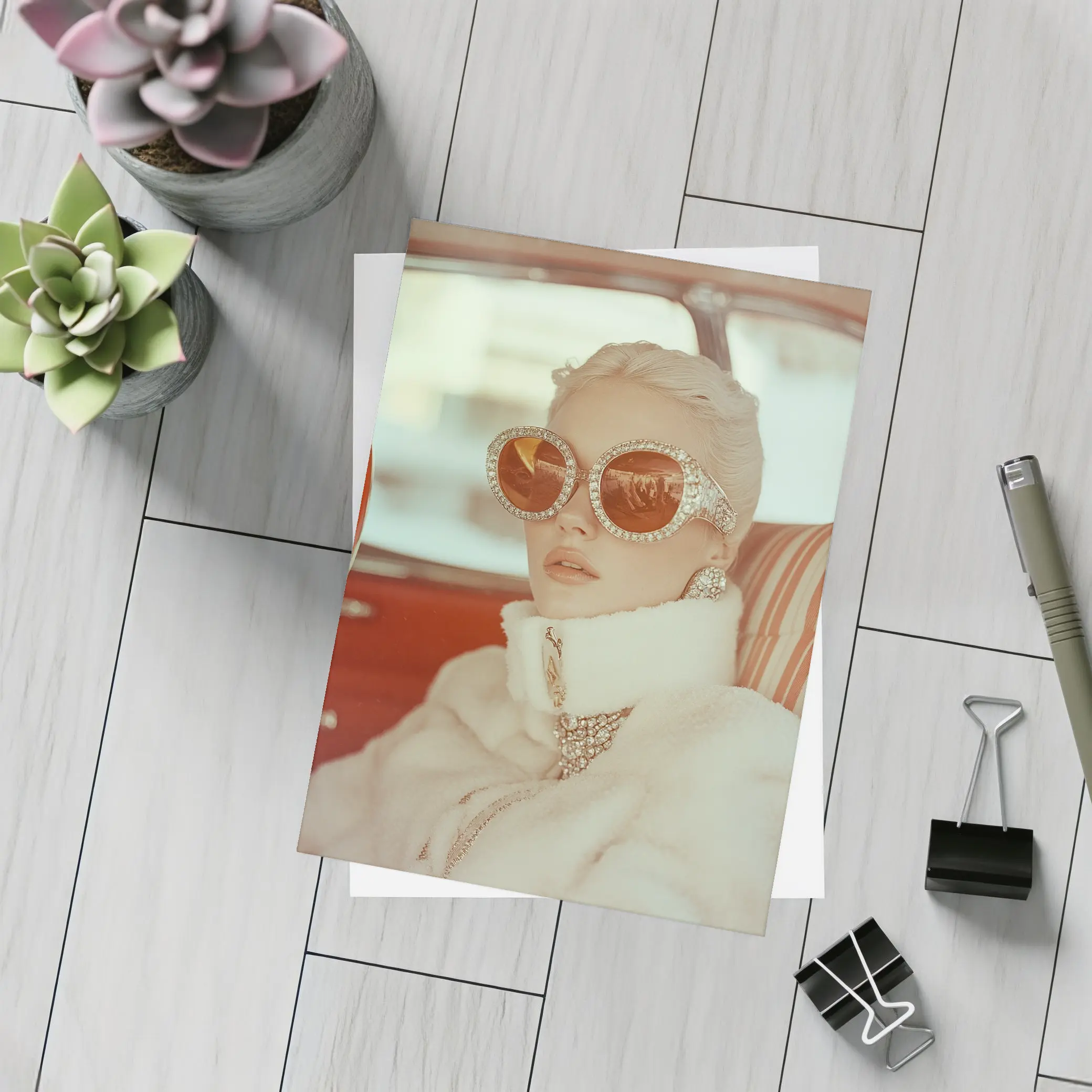 Glamorous Woman Oversized Jeweled Sunglasses Retro Car – Postcards