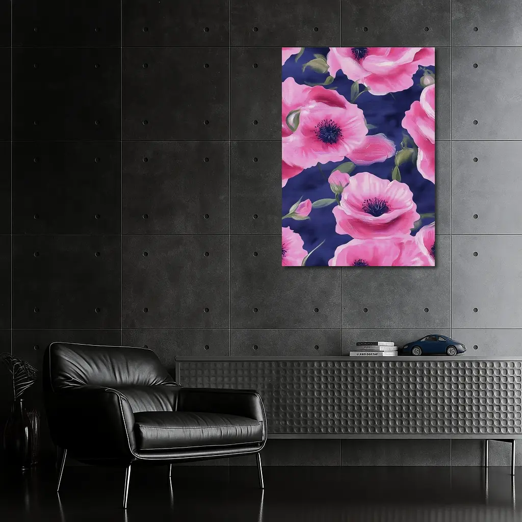 Pink Poppies Blooming on Navy Blue Background – Wall Art