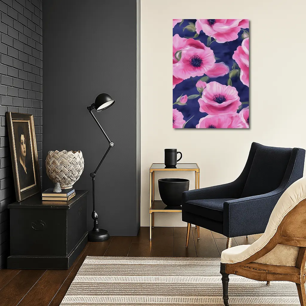 Pink Poppies Blooming on Navy Blue Background – Wall Art