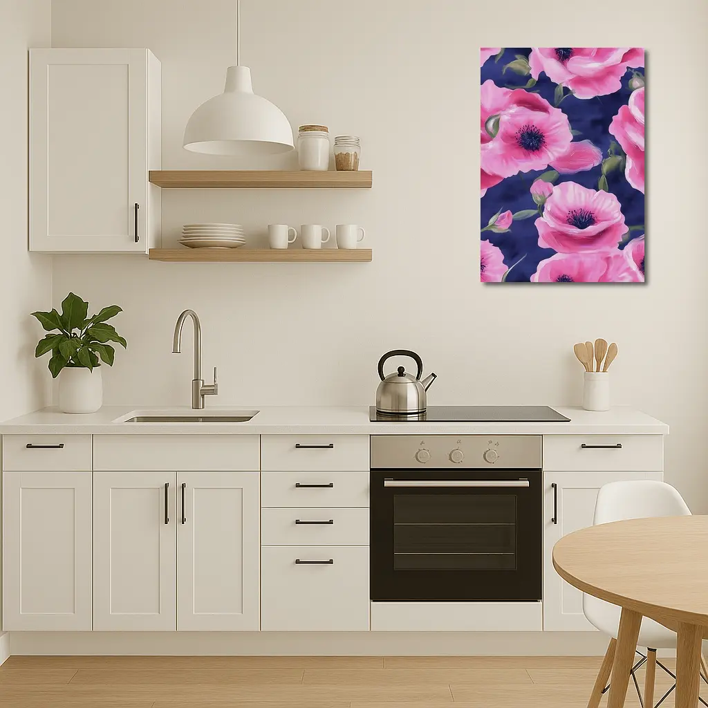 Pink Poppies Blooming on Navy Blue Background – Wall Art