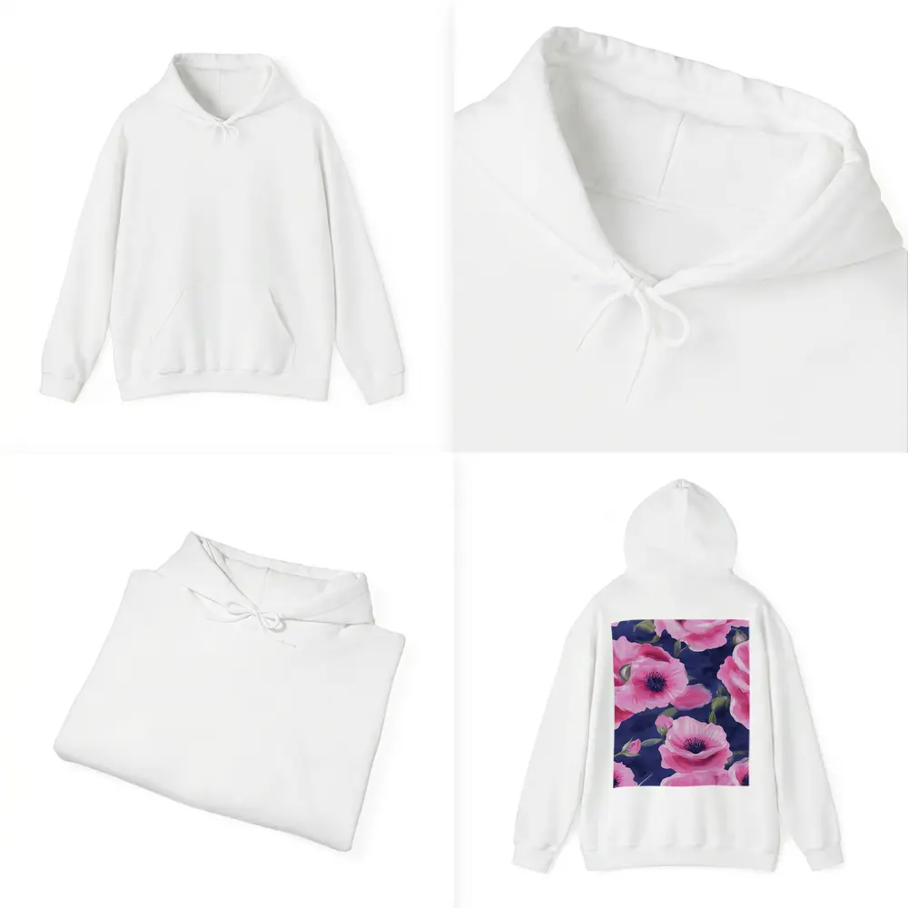 Pink Poppies Blooming on Navy Blue Background – Hoodies