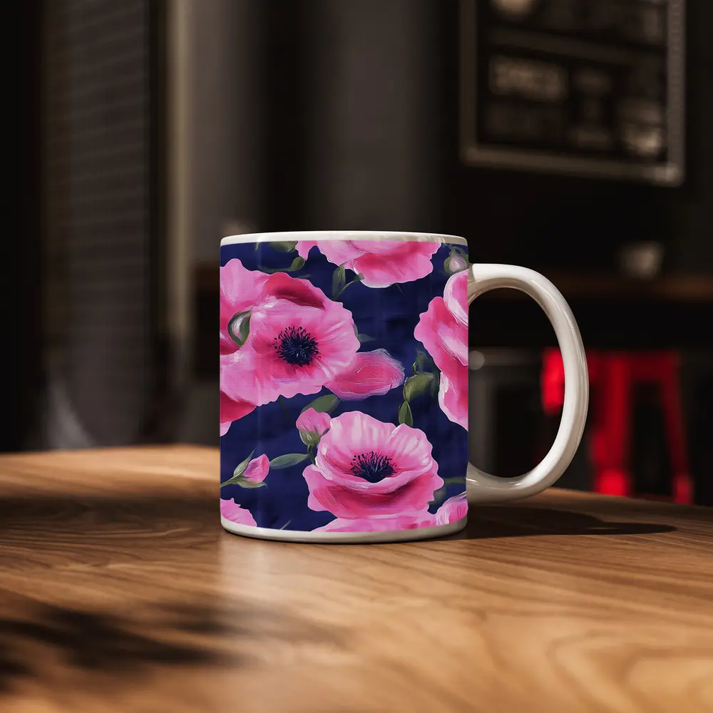 Pink Poppies Blooming on Navy Blue Background – Mugs