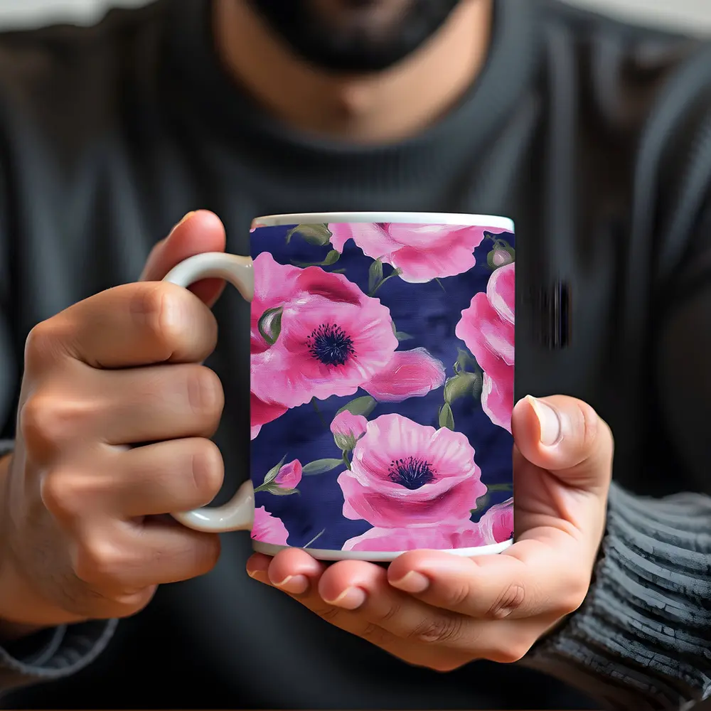 Pink Poppies Blooming on Navy Blue Background – Mugs