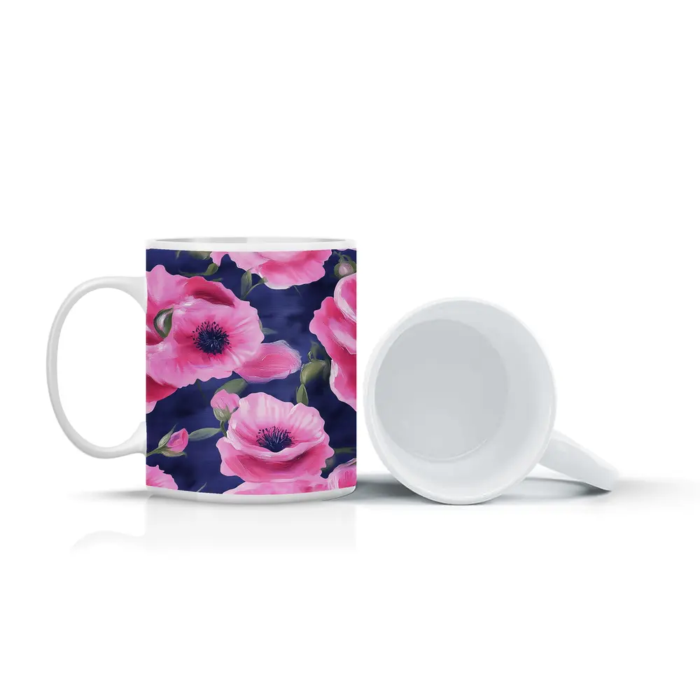 Pink Poppies Blooming on Navy Blue Background – Mugs