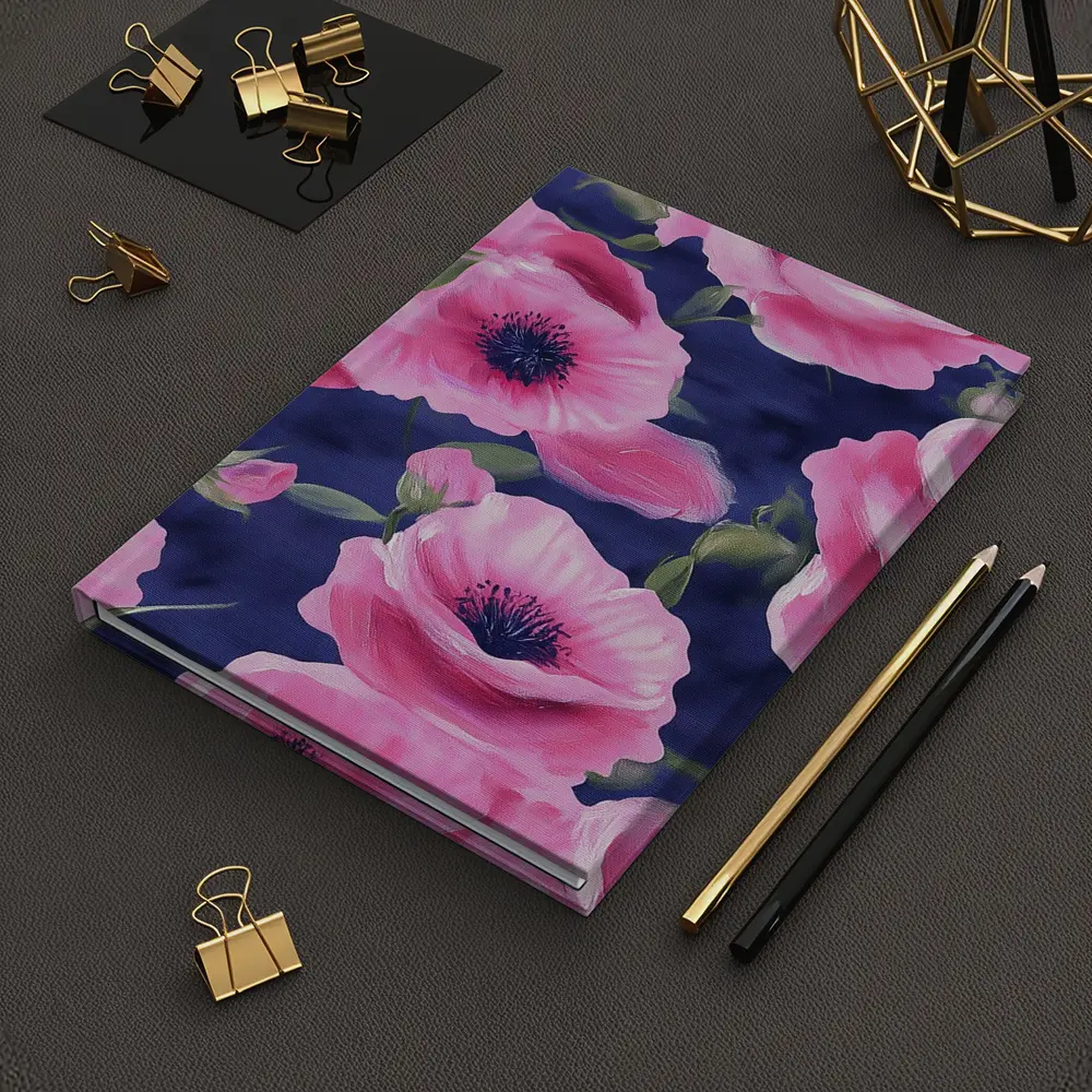 Pink Poppies Blooming on Navy Blue Background – Notebooks