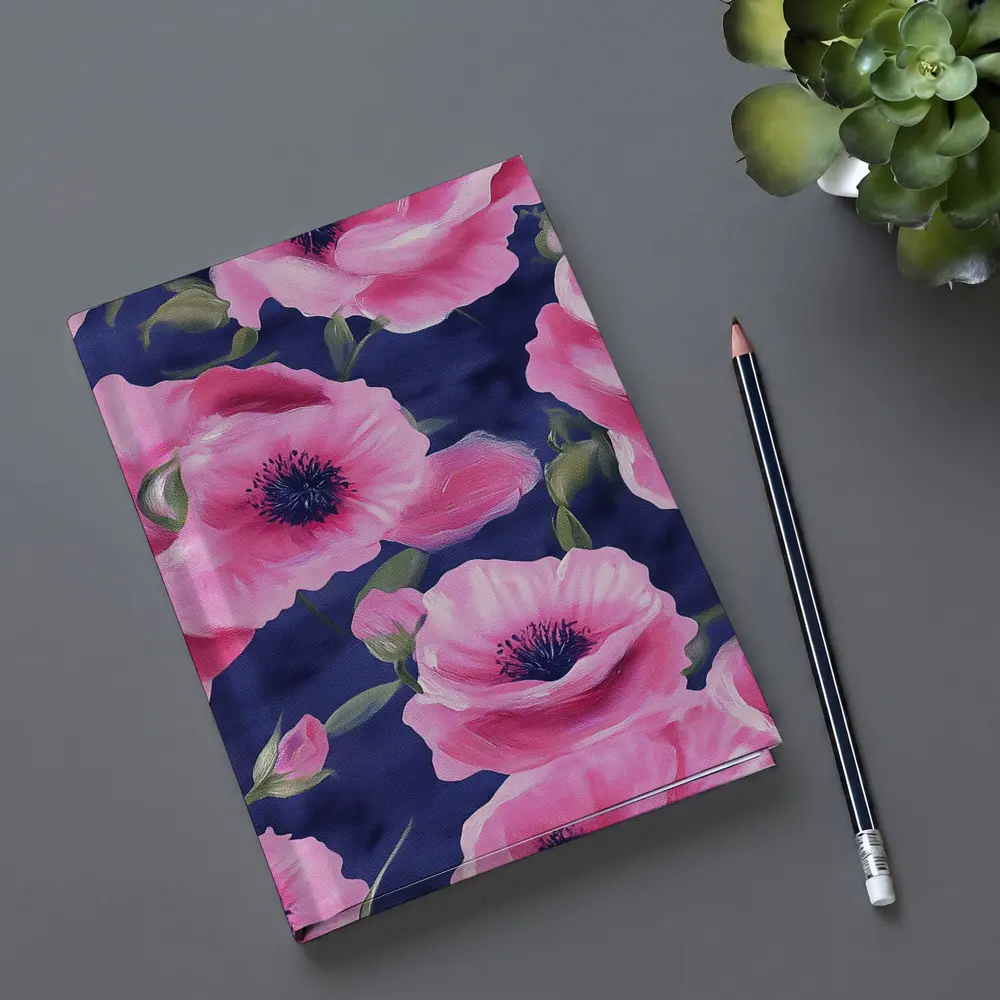 Pink Poppies Blooming on Navy Blue Background – Notebooks
