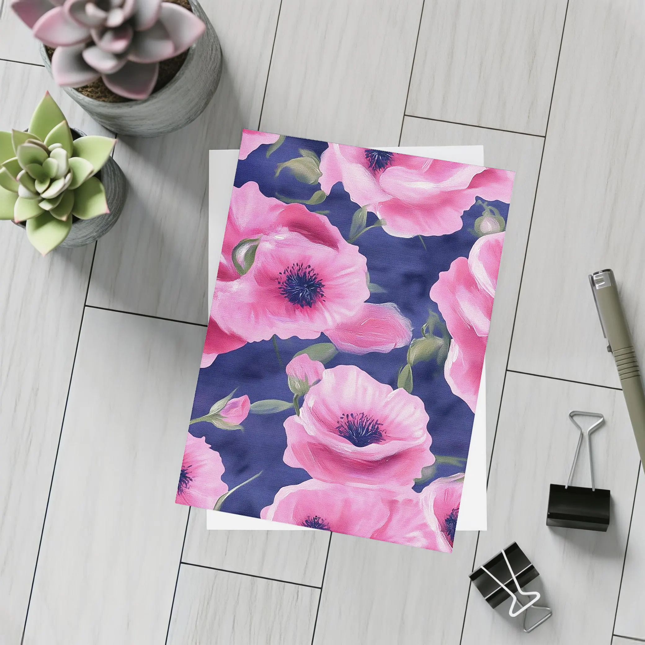 Pink Poppies Blooming on Navy Blue Background – Postcards