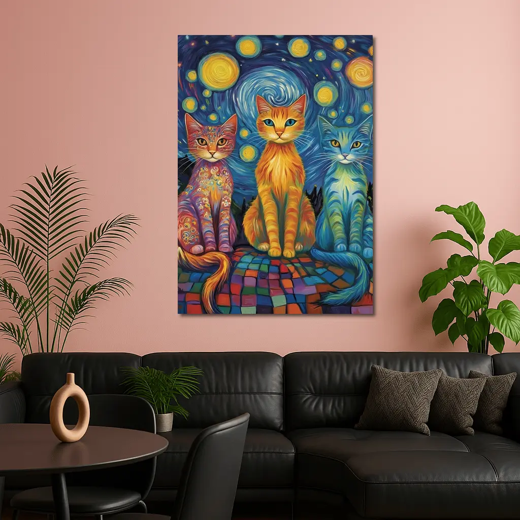 Three Cats Van Gogh Starry Night Style – Wall Art