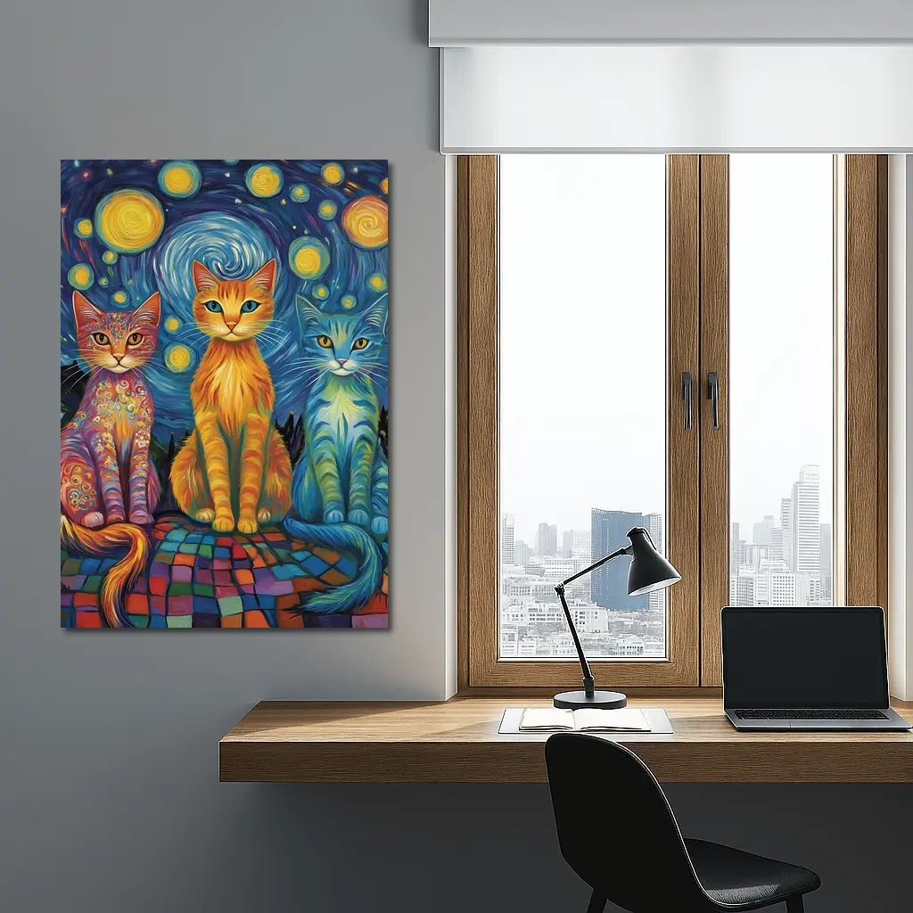Three Cats Van Gogh Starry Night Style – Wall Art