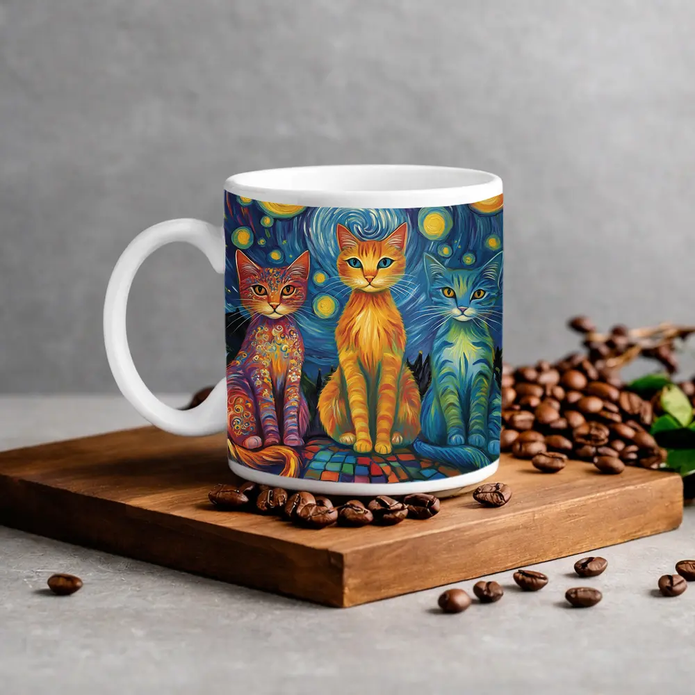 Three Cats Van Gogh Starry Night Style – Mugs
