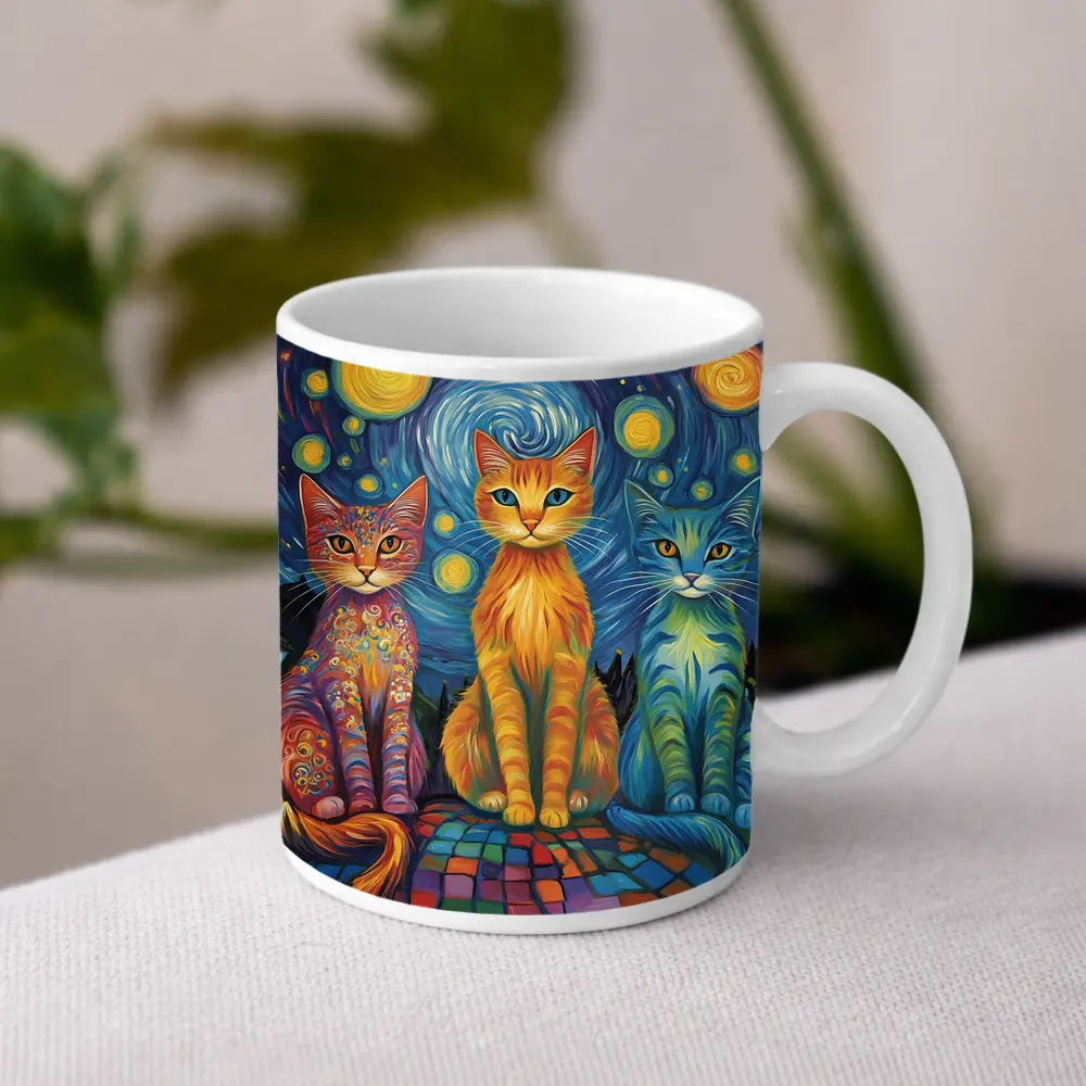 Three Cats Van Gogh Starry Night Style – Mugs