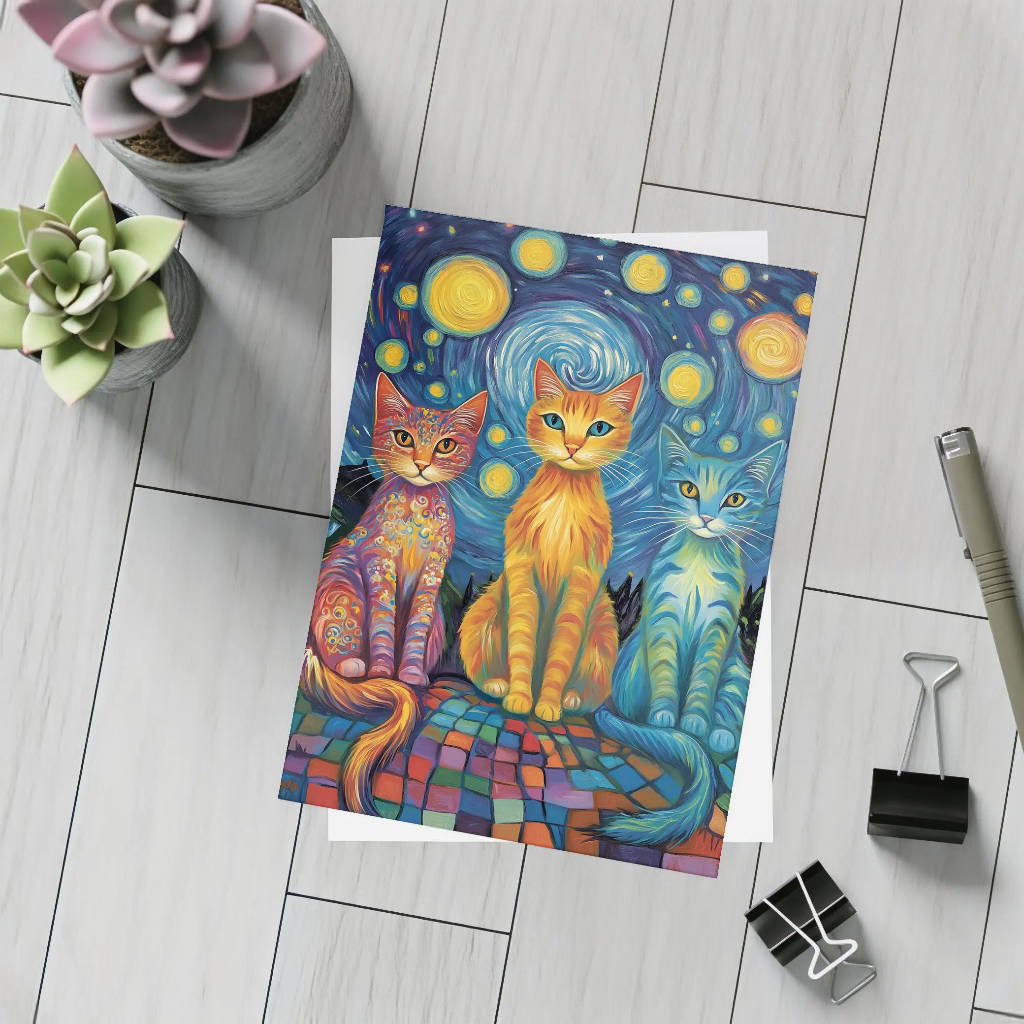Three Cats Van Gogh Starry Night Style – Postcards