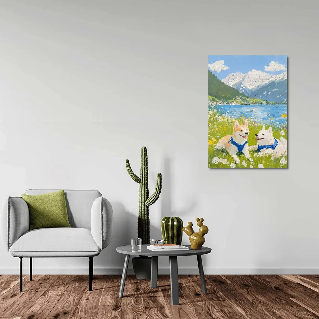 Shiba Inu Dogs Oil Painting Mountain Lake – Wall Art