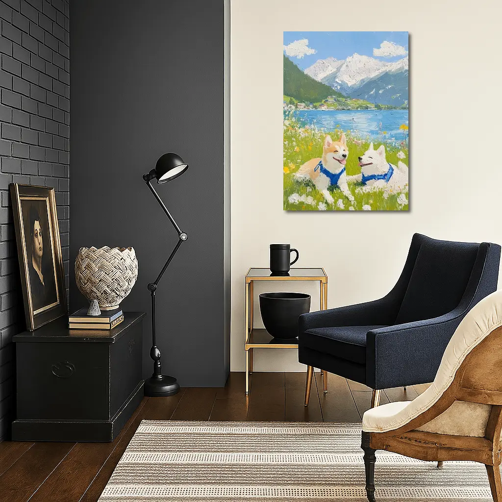 Shiba Inu Dogs Oil Painting Mountain Lake – Wall Art