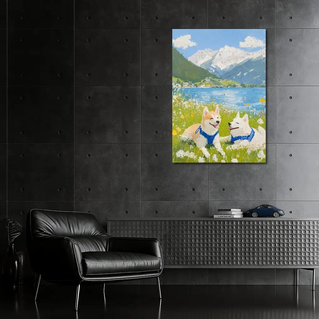 Shiba Inu Dogs Oil Painting Mountain Lake – Wall Art