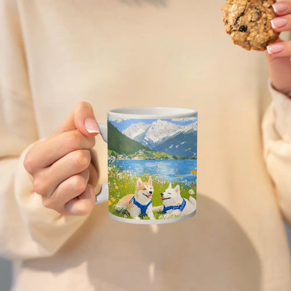 Shiba Inu Dogs Oil Painting Mountain Lake – Mugs