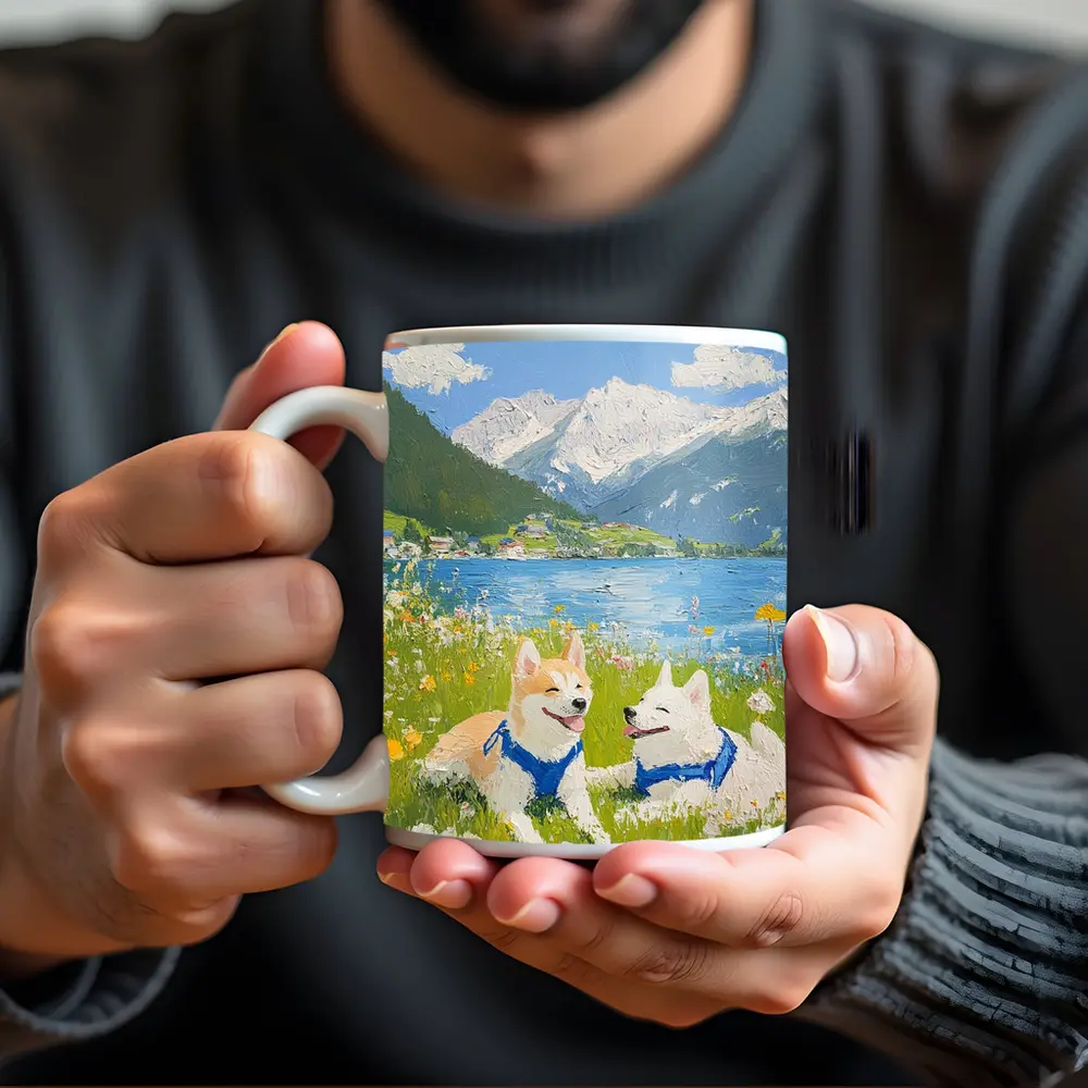 Shiba Inu Dogs Oil Painting Mountain Lake – Mugs