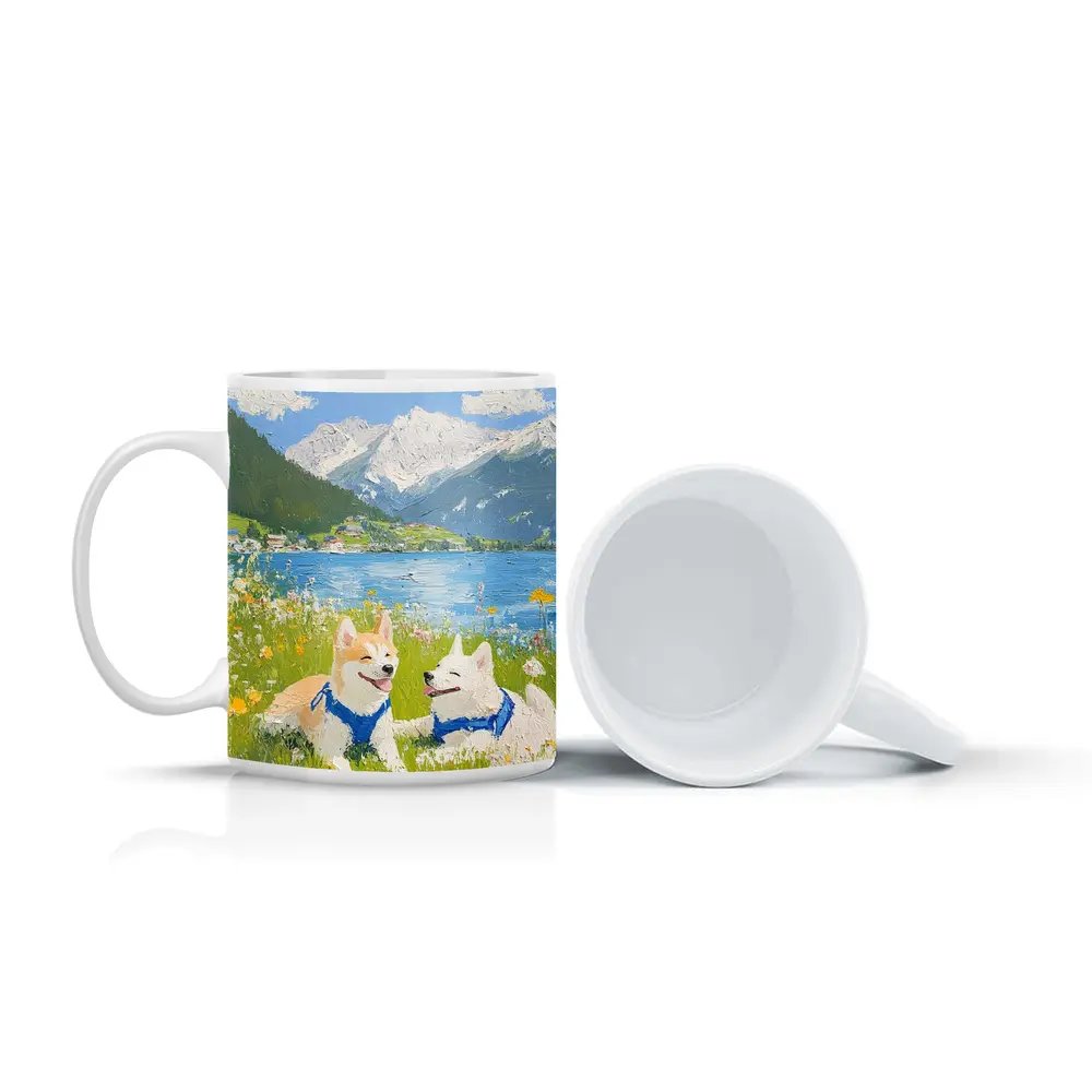 Shiba Inu Dogs Oil Painting Mountain Lake – Mugs