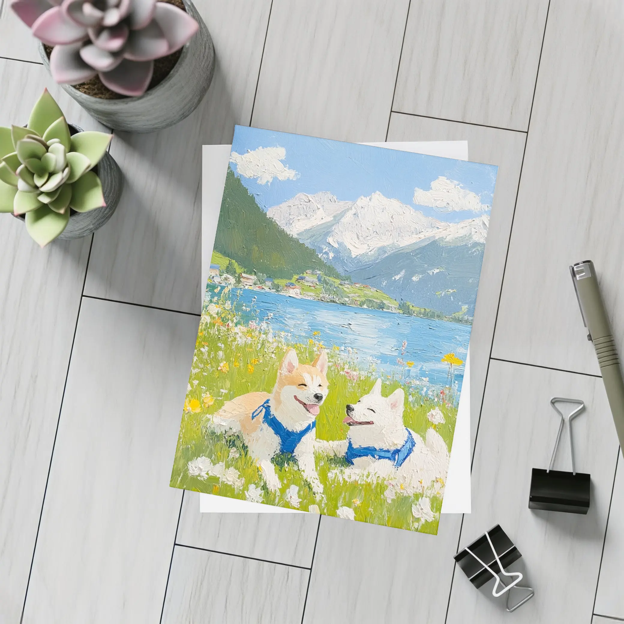 Shiba Inu Dogs Oil Painting Mountain Lake – Postcards