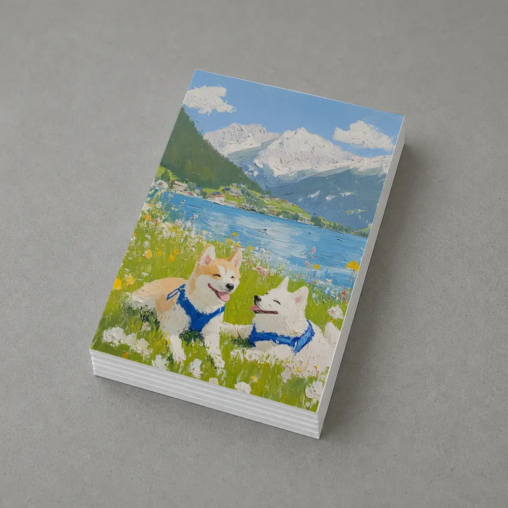 Shiba Inu Dogs Oil Painting Mountain Lake – Postcards