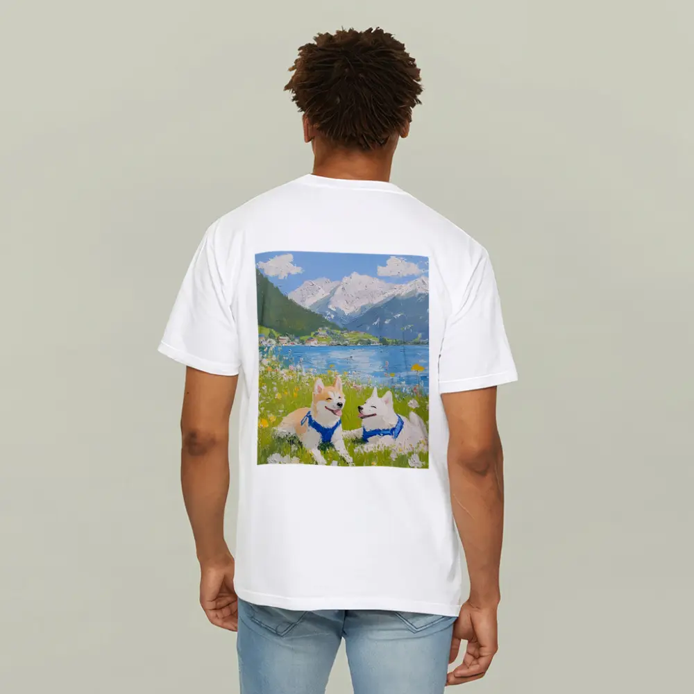Shiba Inu Dogs Oil Painting Mountain Lake – T-Shirts