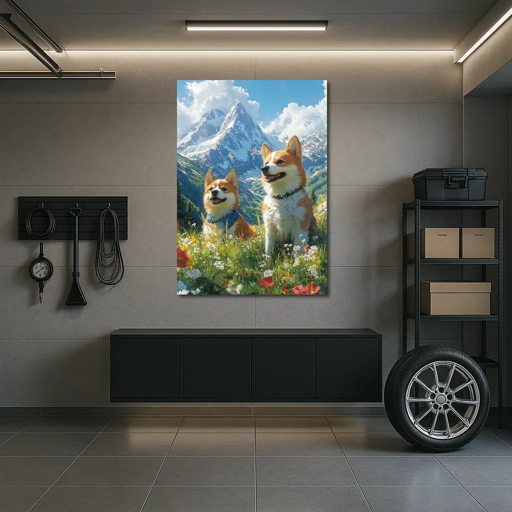 Two Corgis Alpine Meadow Mountain Wildflowers – Wall Art