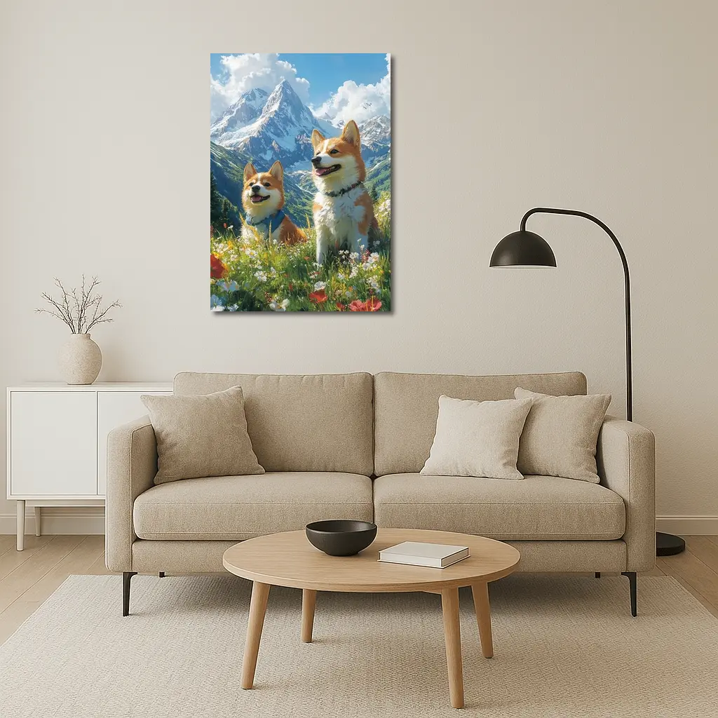 Two Corgis Alpine Meadow Mountain Wildflowers – Wall Art