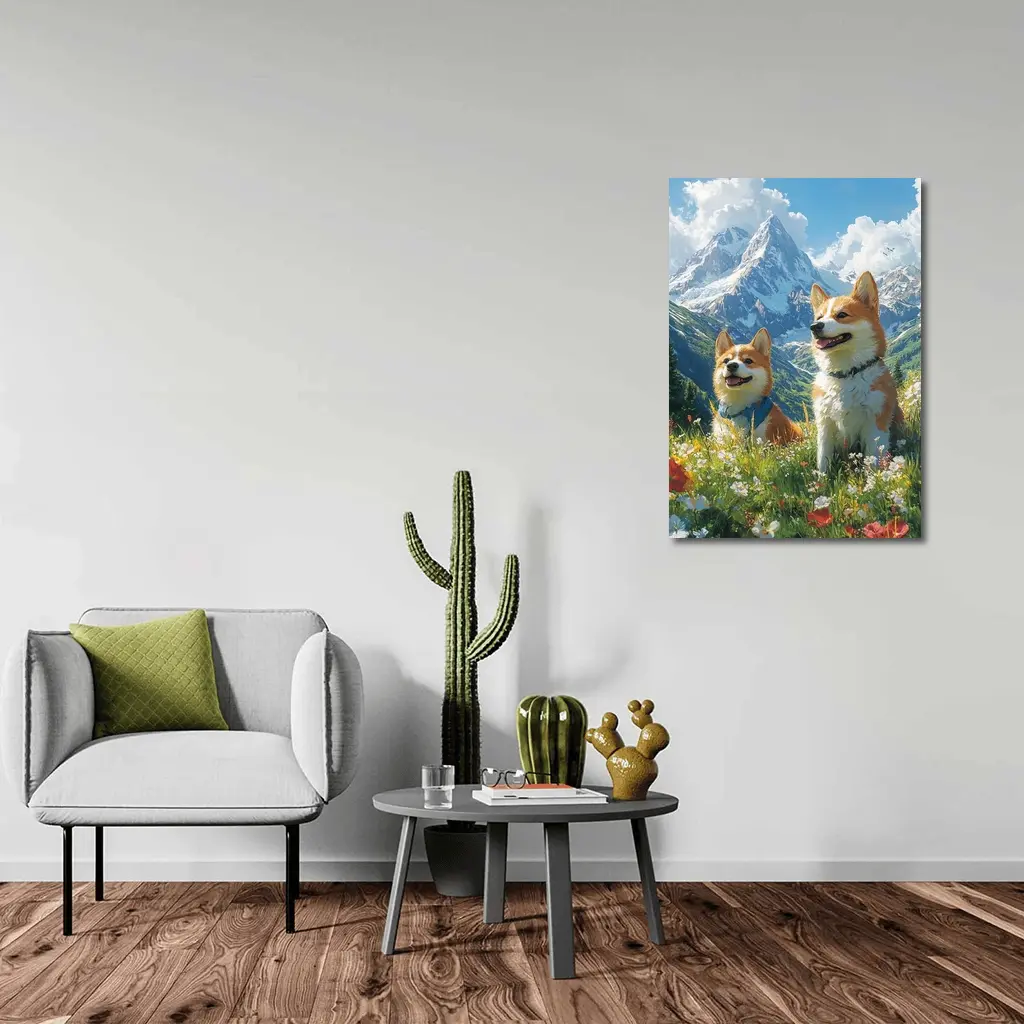 Two Corgis Alpine Meadow Mountain Wildflowers – Wall Art