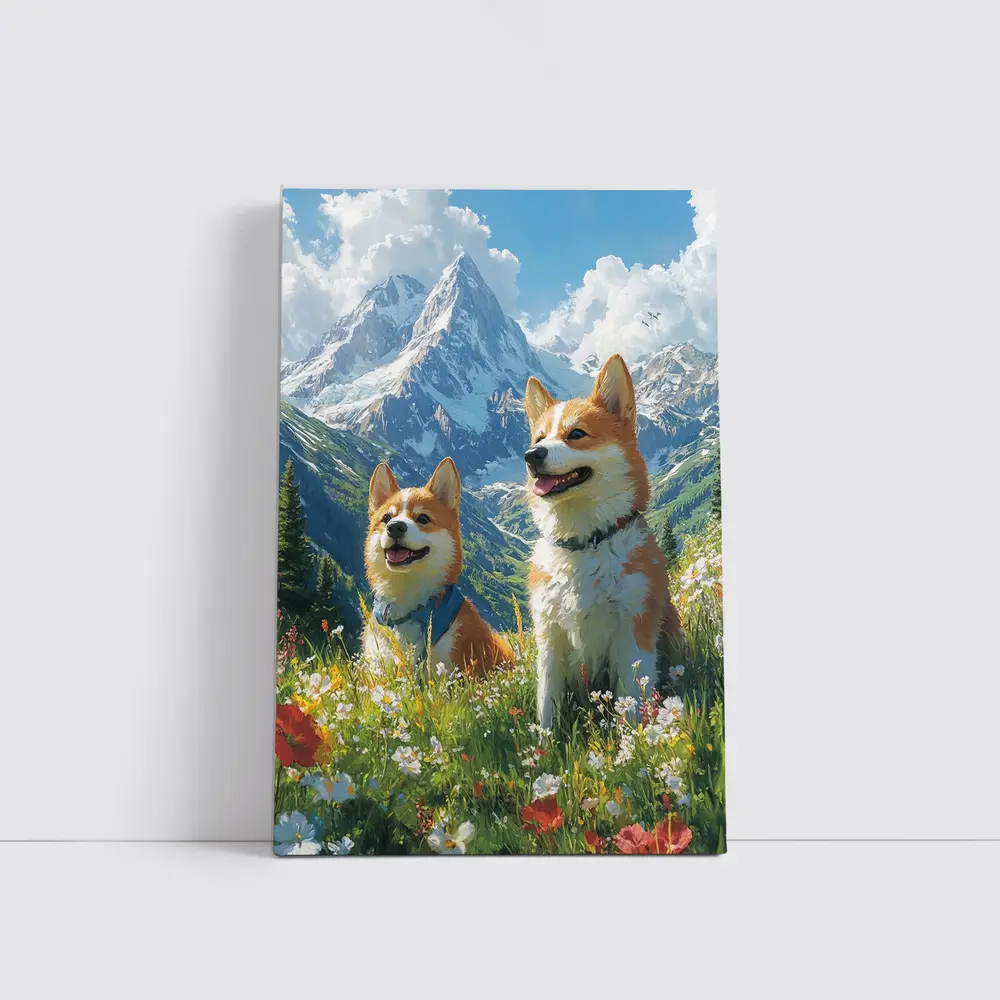 Two Corgis Alpine Meadow Mountain Wildflowers – Wall Art