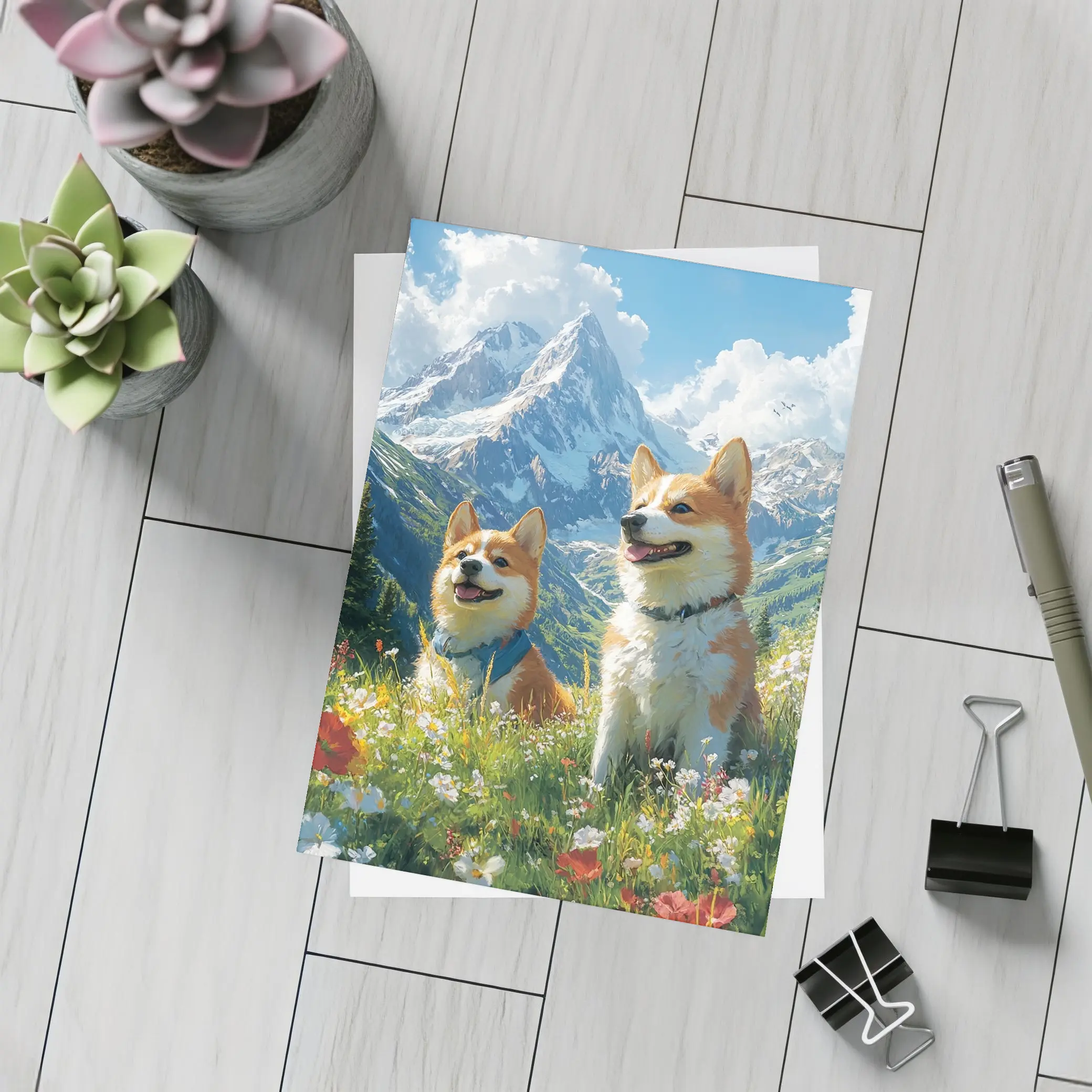 Two Corgis Alpine Meadow Mountain Wildflowers – Postcards