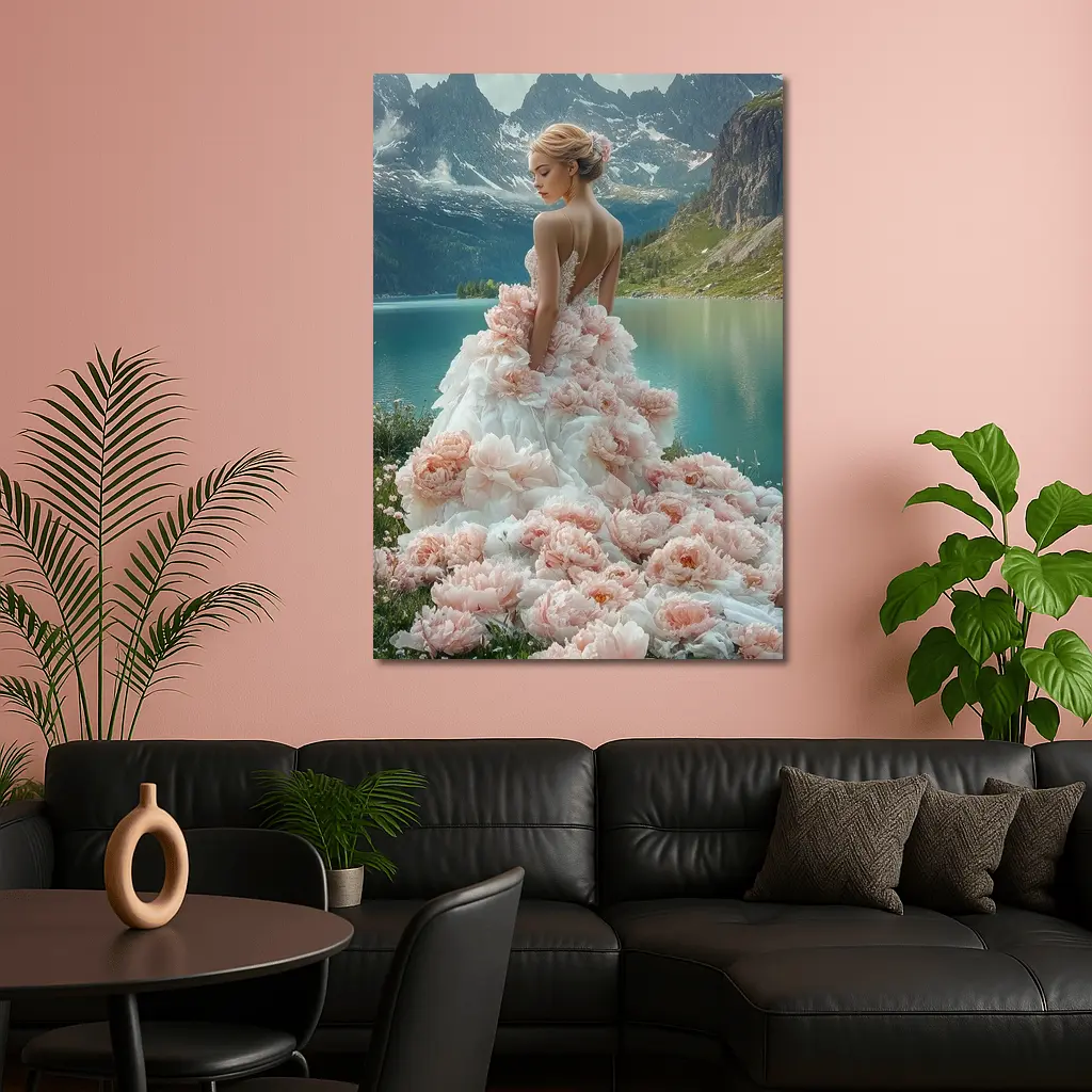 Woman Peony Gown Mountain Lake Fantasy – Wall Art