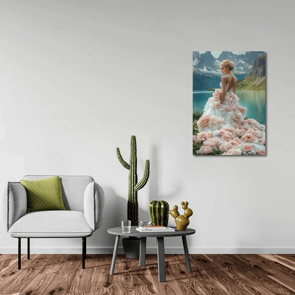 Woman Peony Gown Mountain Lake Fantasy – Wall Art