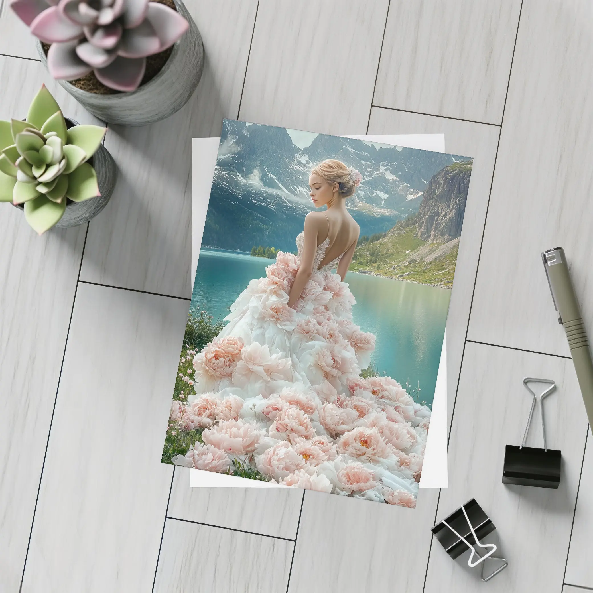 Woman Peony Gown Mountain Lake Fantasy – Postcards
