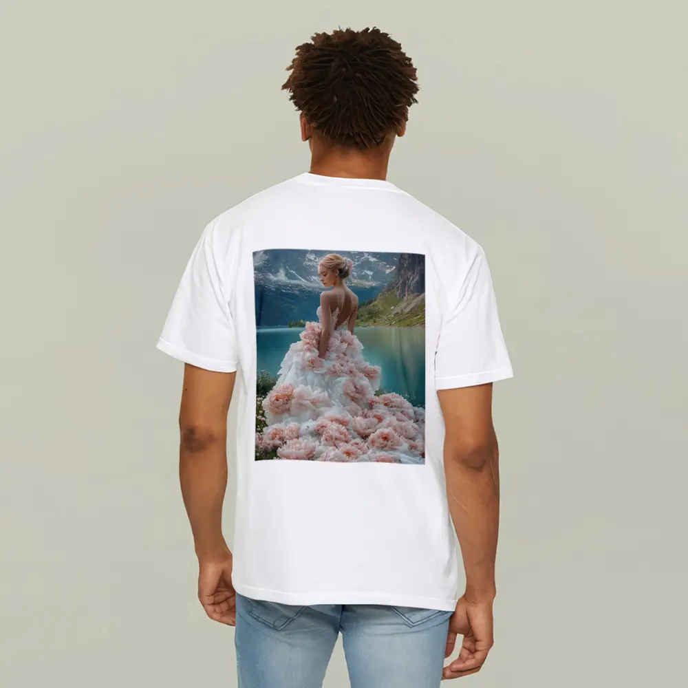 Woman Peony Gown Mountain Lake Fantasy – T-Shirts