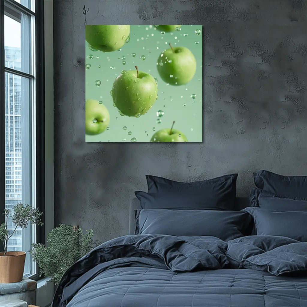 Fresh Green Apples Floating Water Drops – Wall Art