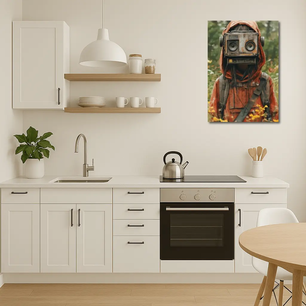 Robot Boombox Head Figure In Flower Field – Wall Art