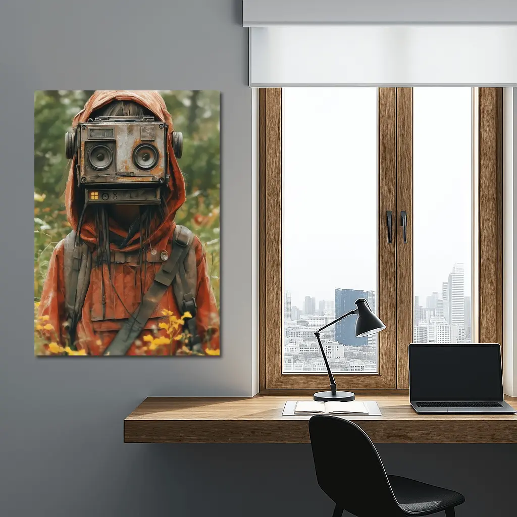 Robot Boombox Head Figure In Flower Field – Wall Art