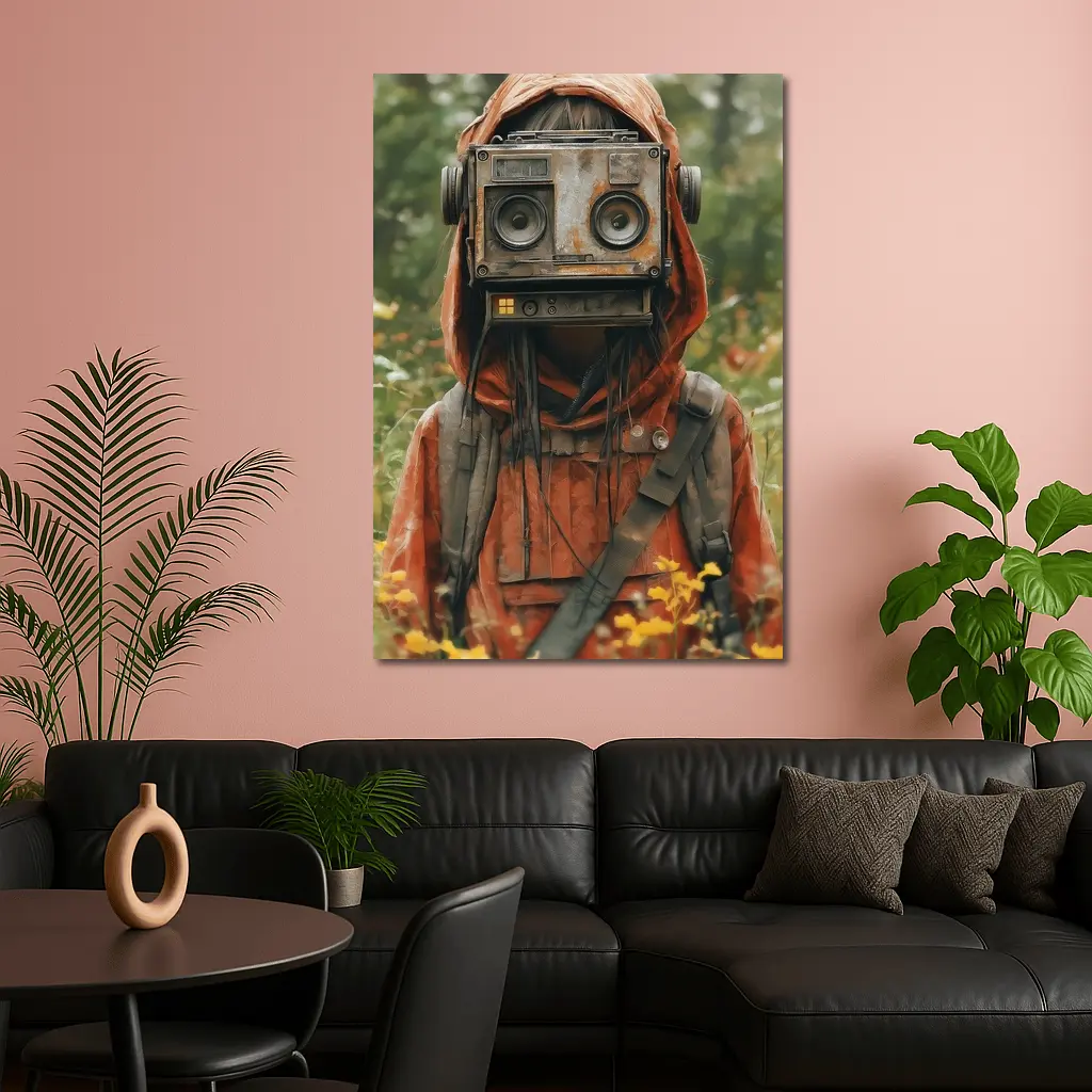 Robot Boombox Head Figure In Flower Field – Wall Art