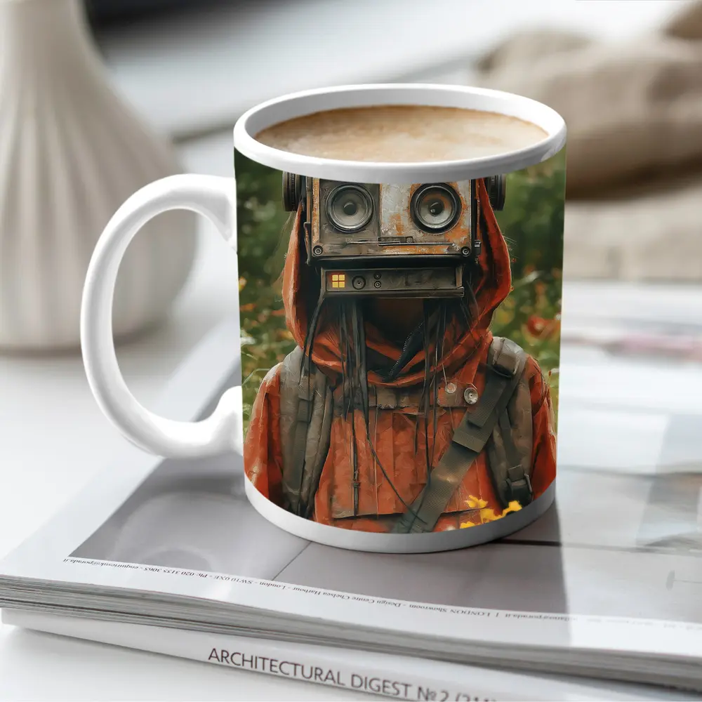 Robot Boombox Head Figure In Flower Field – Mugs