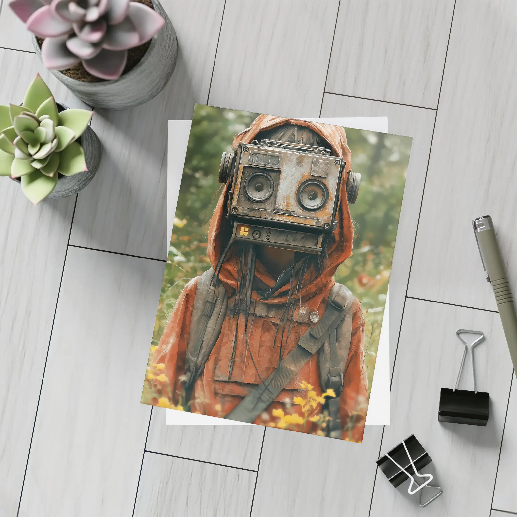 Robot Boombox Head Figure In Flower Field – Postcards