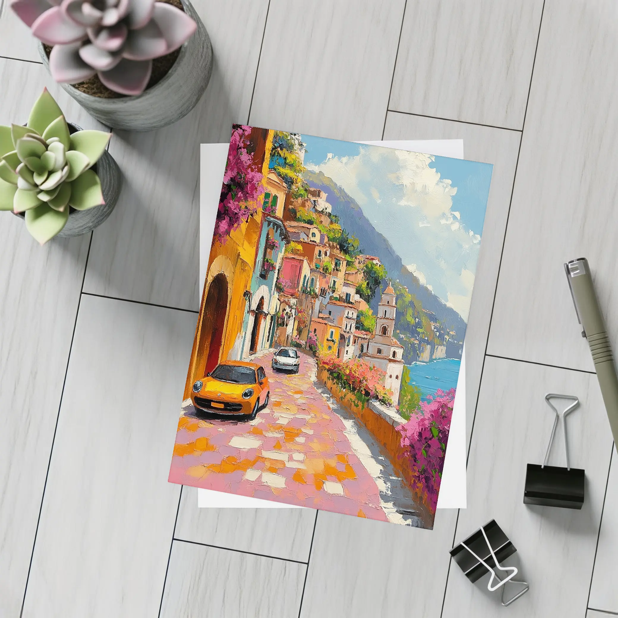 Mini Cooper Oil Painting Amalfi Coast Italy – Postcards