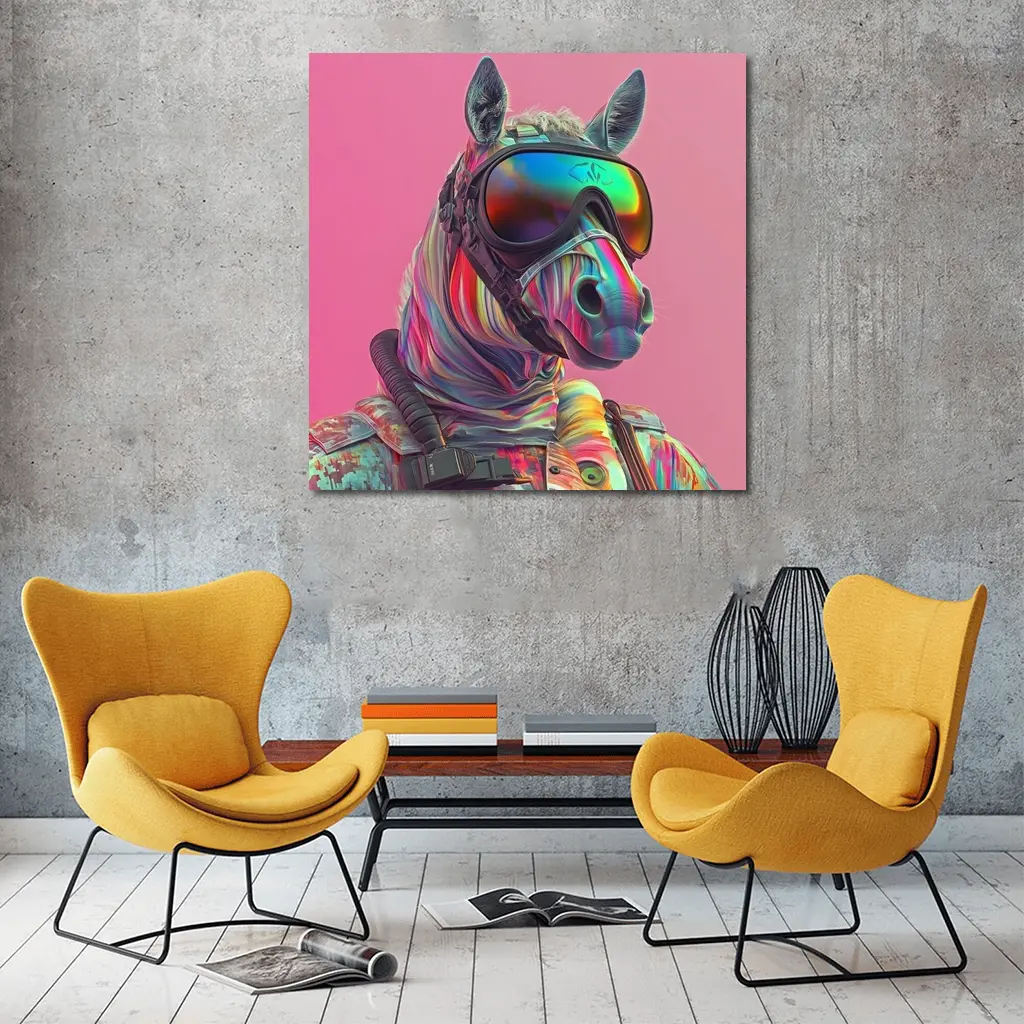 Neon Zebra Soldier Wearing Goggles Pink Background – Wall Art