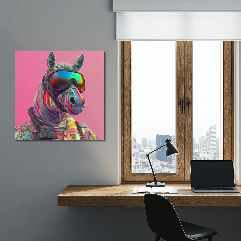 Neon Zebra Soldier Wearing Goggles Pink Background – Wall Art