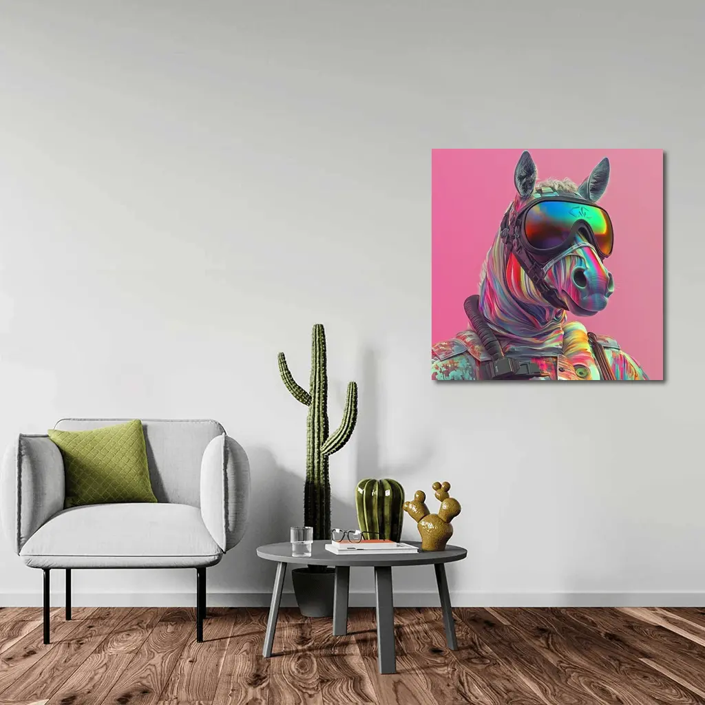 Neon Zebra Soldier Wearing Goggles Pink Background – Wall Art