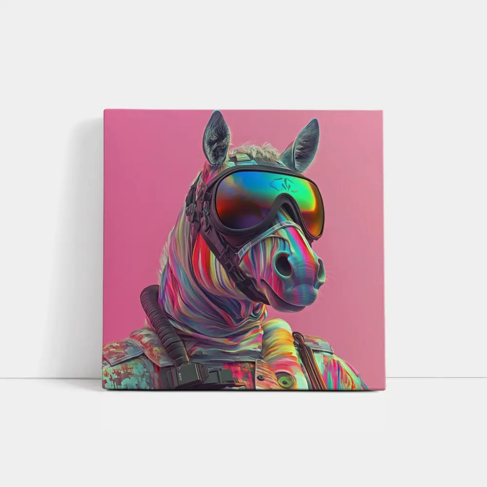 Neon Zebra Soldier Wearing Goggles Pink Background – Wall Art