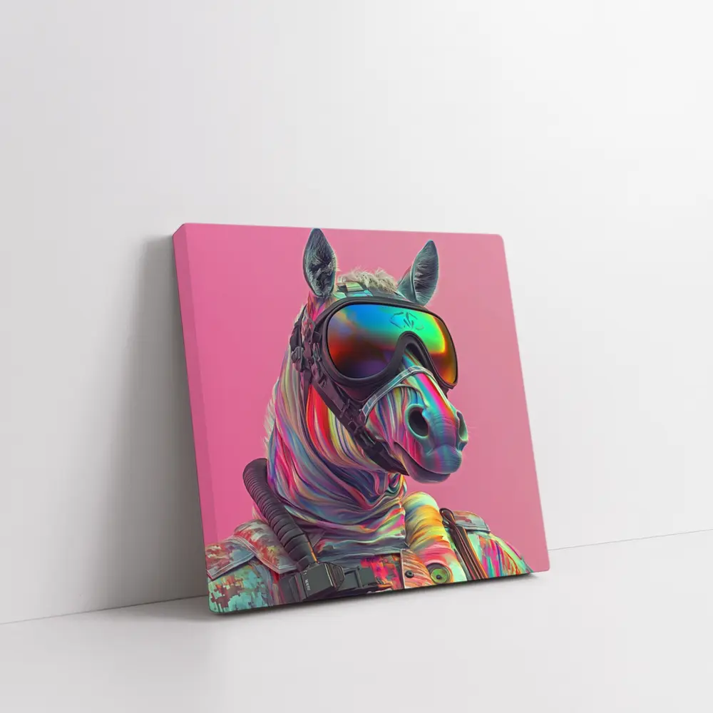 Neon Zebra Soldier Wearing Goggles Pink Background – Wall Art